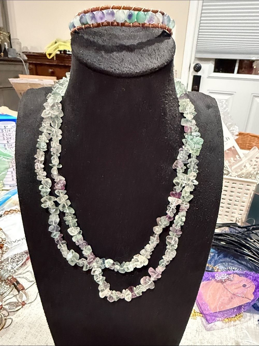 Genuine Rainbow Fluorite Multi-Strand Chip Stone Necklace Green Purple & Bracele